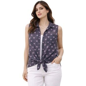 AMERICAN EAGLE Sheer Gray Pink Heart Print Sleeveless Button Front Blouse Sz S